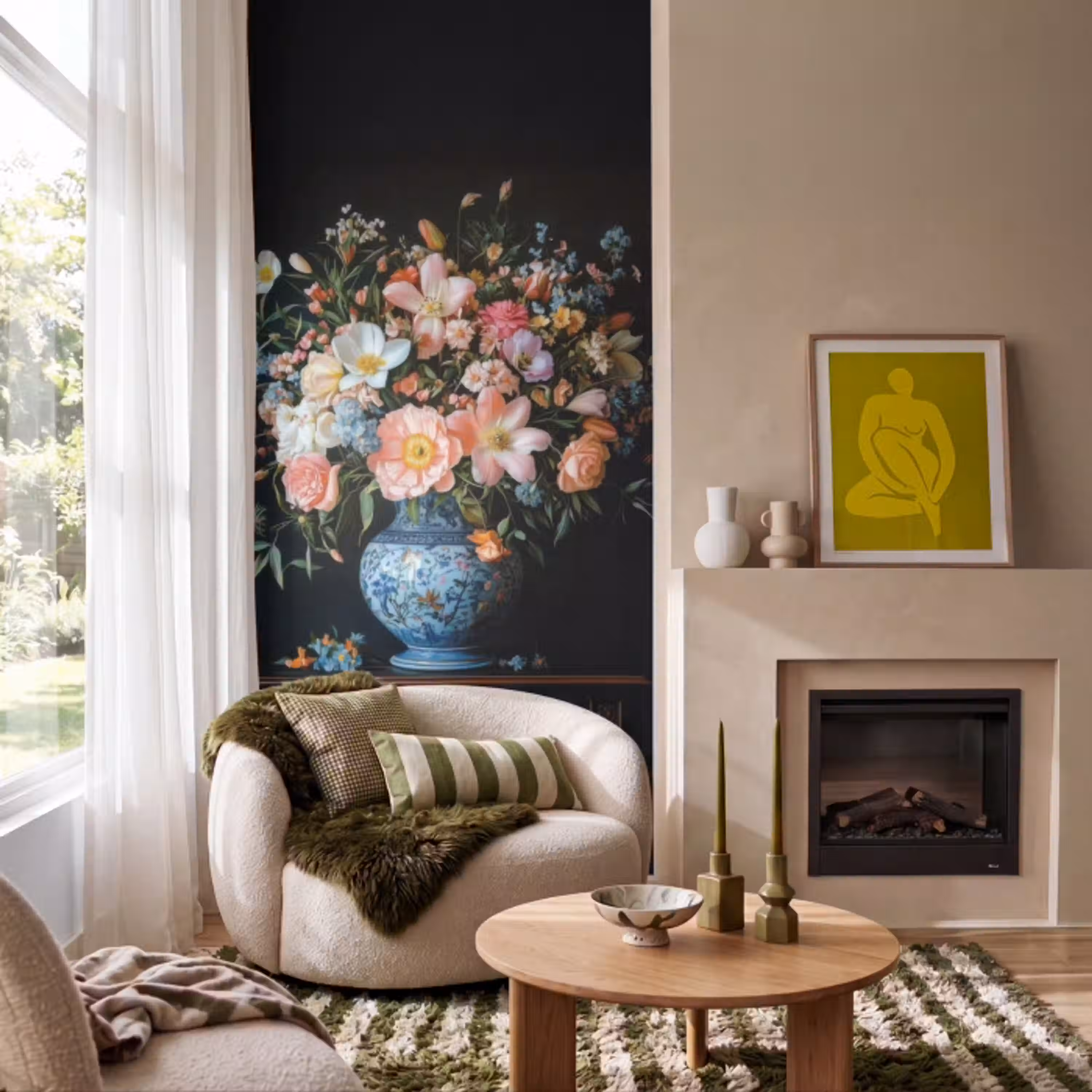 Roze - Bloemen - Vaas - Kleuren Behang Vlies klein -sfeer2