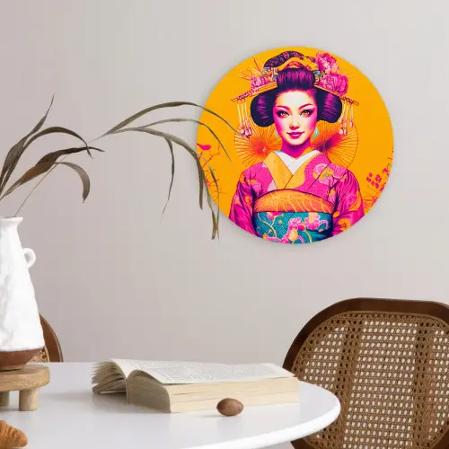 Bloemen - Vrouw - Kimono - Roze Wandcirkel kunststof plaat 5mm dik klein -sfeer4