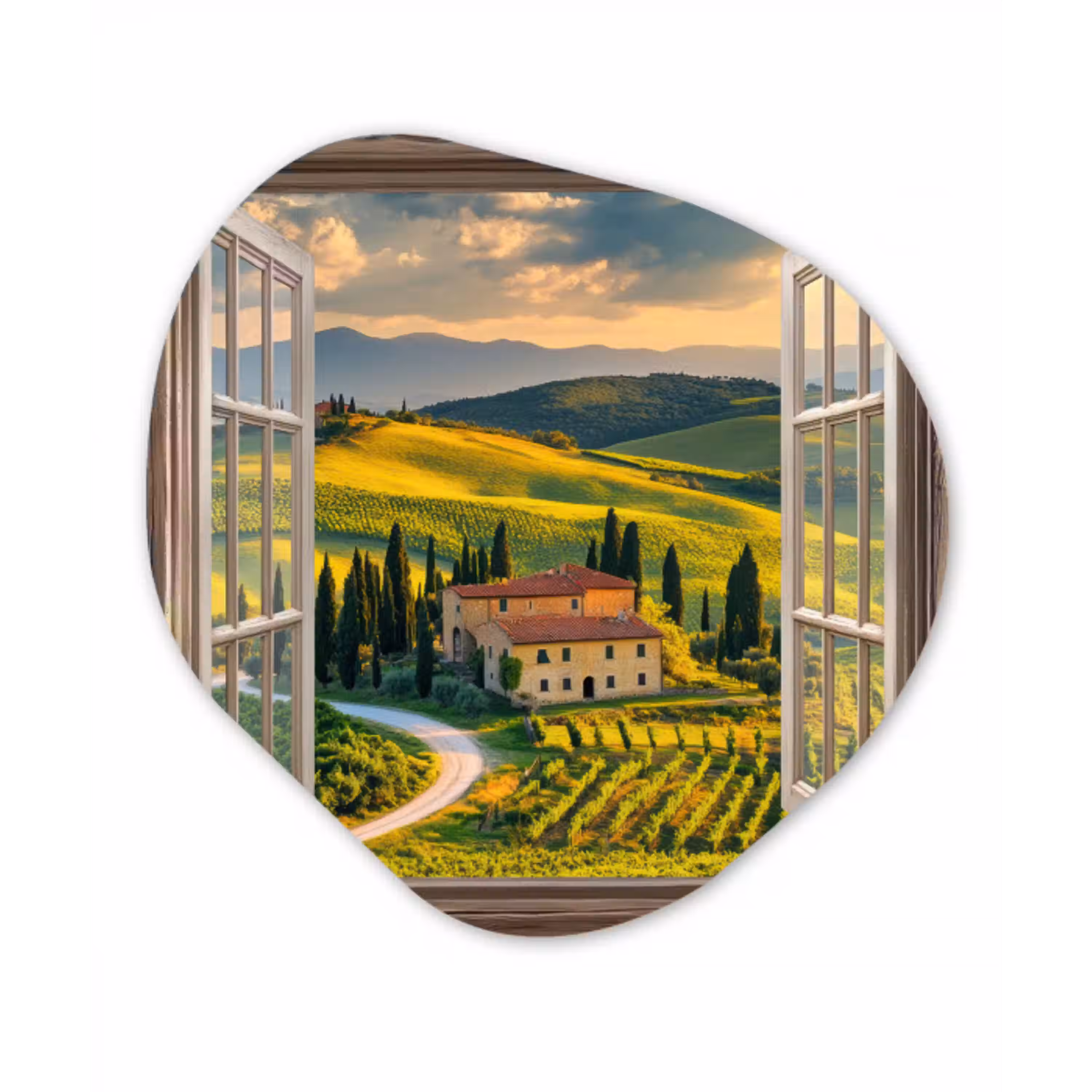 Doorkijk - Toscane - Uitzicht - Landschap - Zomer Wandcirkel Organisch Aluminium middel -3d