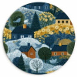 Huisjes - Bloemen - Patroon - Geel - Blauw Wandcirkel kunststof plaat 5mm dik klein 188 -3d