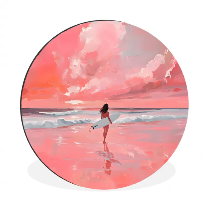 Roze - Surfen - Zee Wandcirkel aluminium klein -3d