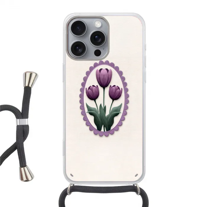 Tulpen - Paars - Lijst - Bladeren Hoesje iPhone 16 Pro Max met koord klein -3d