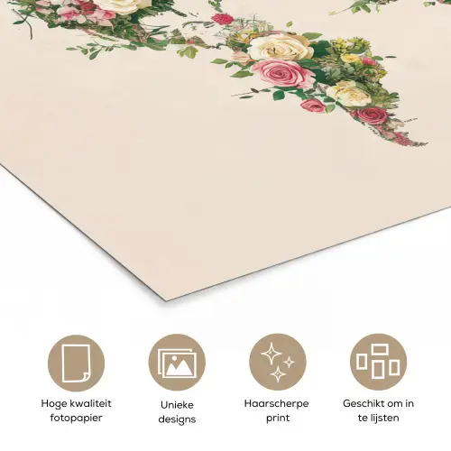 Wereldkaart - Bloemen - Roze poster papier klein -closeup_NL