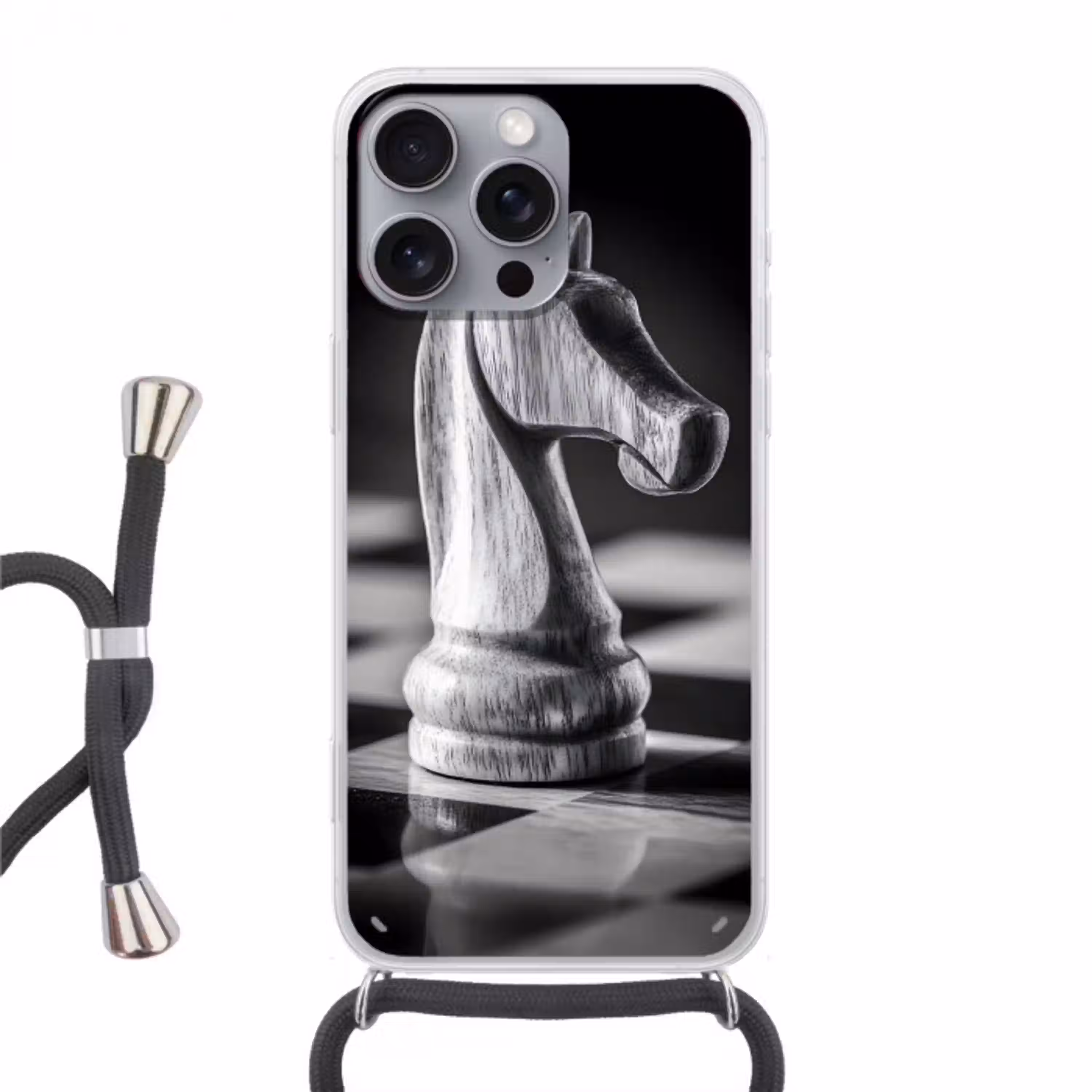 Paard - Hout - Schaalbord - Zwart Hoesje iPhone 16 Pro Max met koord klein -3d