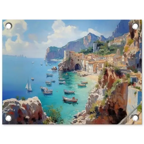 Kustdorp - Schilderij - Rotsen - Boten tuinposter los doek klein -3d