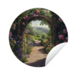 Doorkijk - Landschap - Bloemen - Rozenboog - Natuur Wandcirkel tuinposter met ringen klein -3d