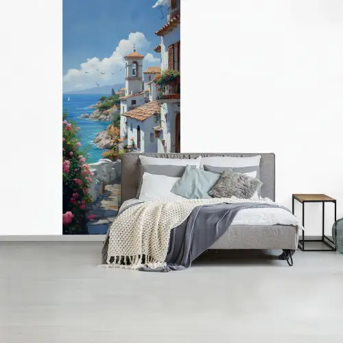 Huizen - Zee - Bomen - Bloemen fotobehang vinyl groot -slaapkamer