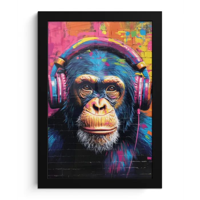 Graffiti - Chimpanzee - Street art - Koptelefoon - Aap fotolijst zwart zonder passe partout klein -3d