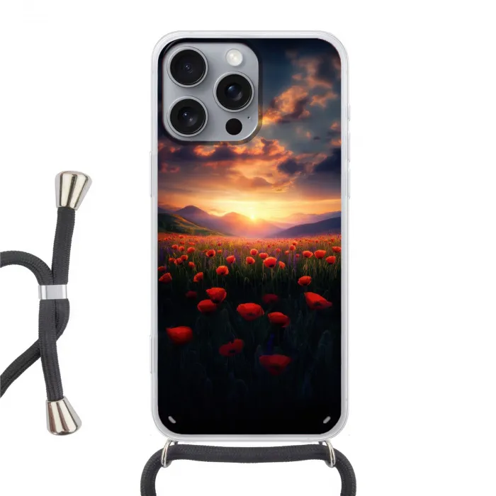 Landschap - Zonsondergang - Bloemenveld Hoesje iPhone 16 Pro Max met koord klein -3d