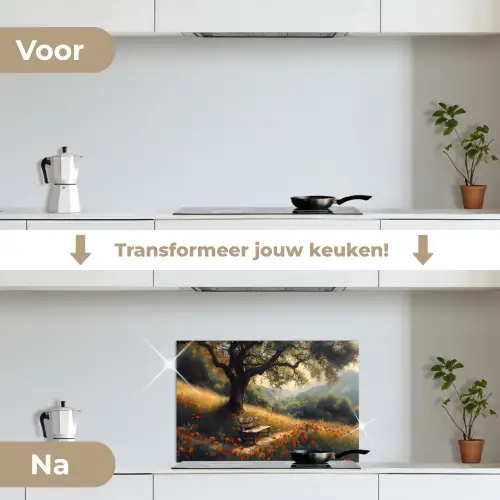 Bankje - Boom - Klaprozen - Heuvels keuken achterwand spatscherm klein -voor_na_NL