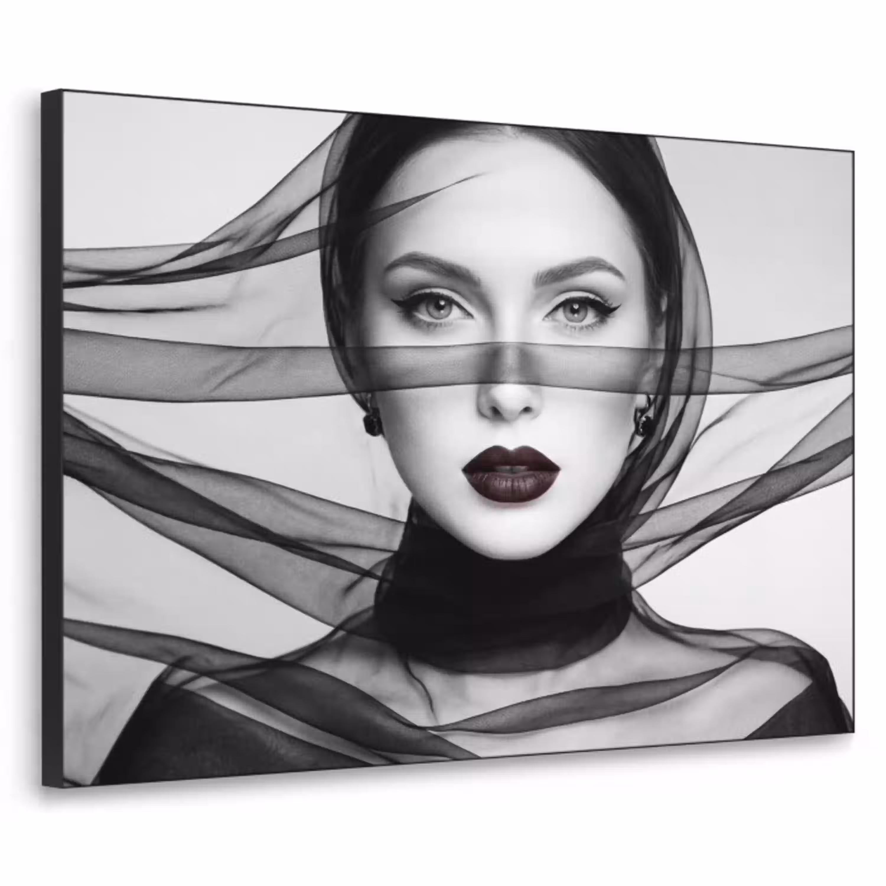 Vrouw - Sluier - Portret - Zwart  - Wit - Elegant Textielframe zwart klein -3d