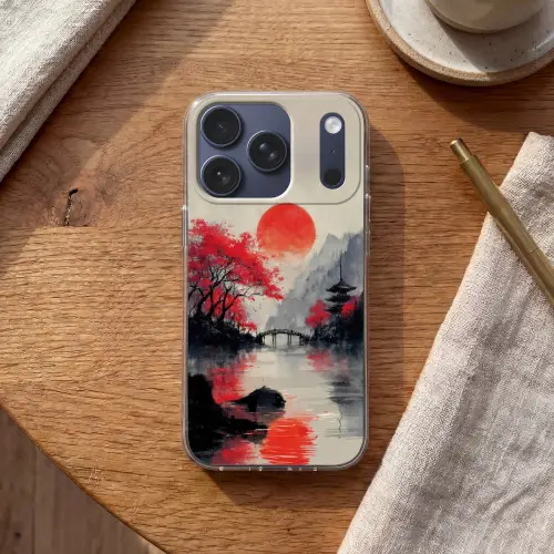 Rode zon - Rivier - brug - Bomen Telefoonhoesje iPhone 17 Pro klein -sfeer1