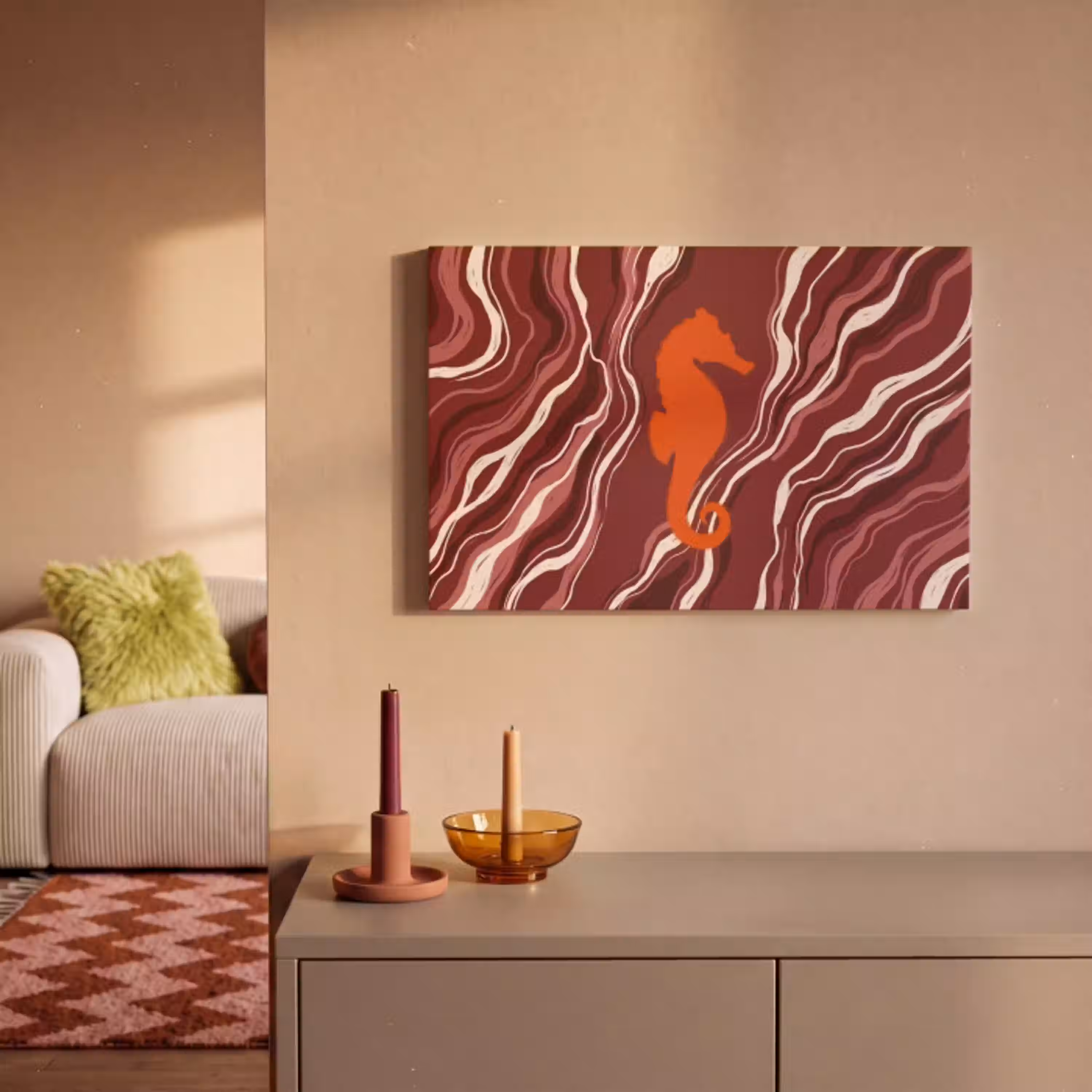 Zeepaardje - Golven - Zeeleven - Abstract - Oranje canvas 2cm klein -sfeer1