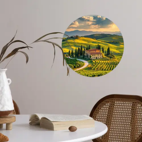 Toscane - Landschap - Wijngaarden Wandcirkel behangsticker klein -sfeer3