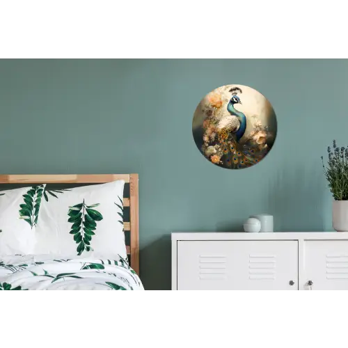 Pauw - Pauwenveren - Bloemen - Vogels - Botanisch Wandcirkel aluminium klein -slaapkamer