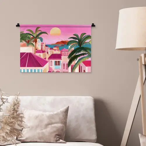 Stad - Roze - Palmbomen Wandkleed katoen klein -sfeer4