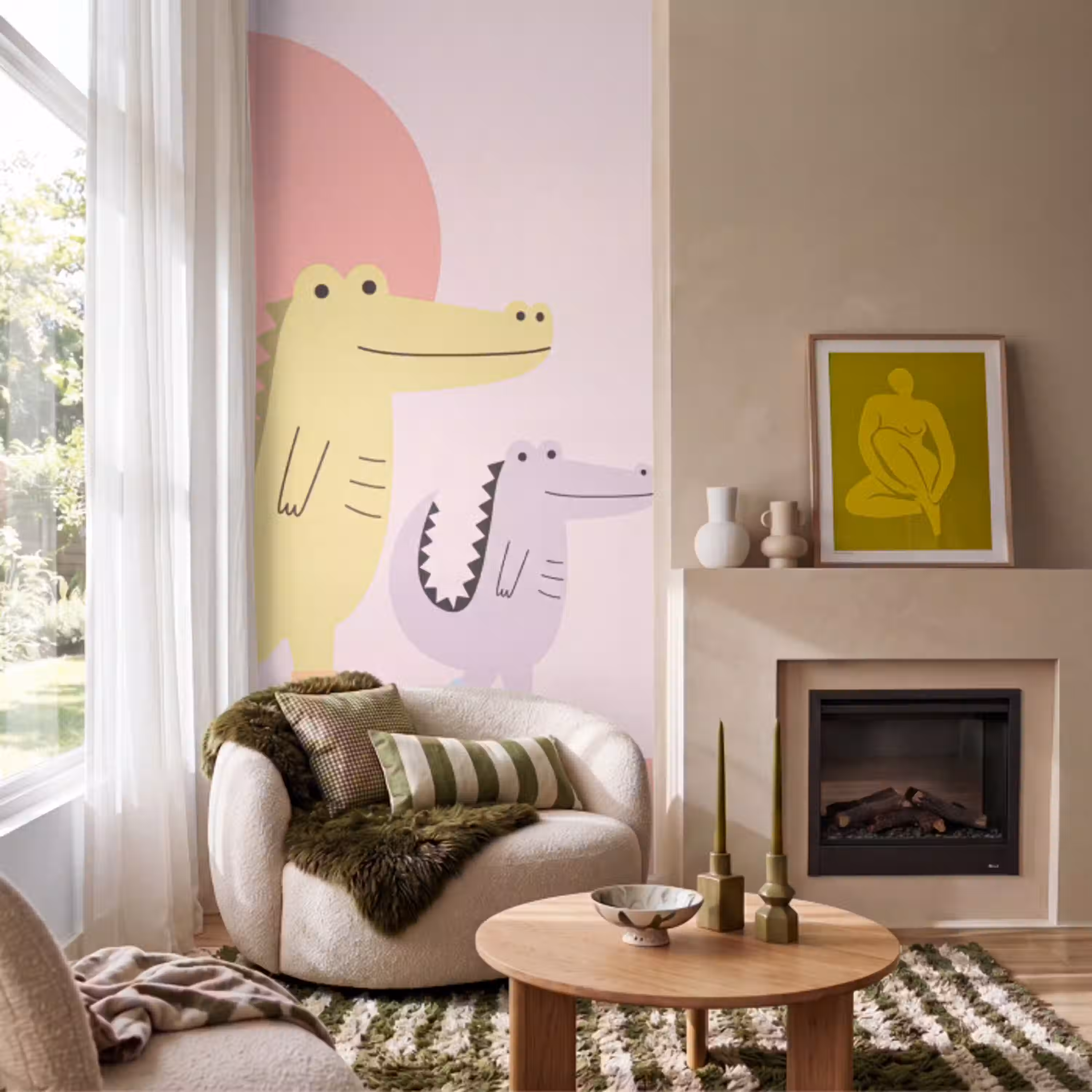 Dieren - Skaten - Illustratie - Speels - Roze Behang Vlies klein -sfeer2
