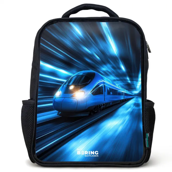 Kids' Backpacks Black -. Superfast train in neon blue tunnel