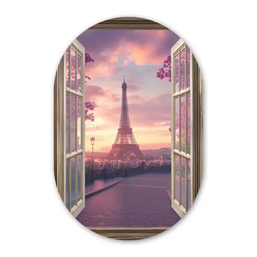 Doorkijk - Parijs - Eiffeltoren - Roze - Kersenbloesem Wandcirkel Ovaal Glas middel -3d