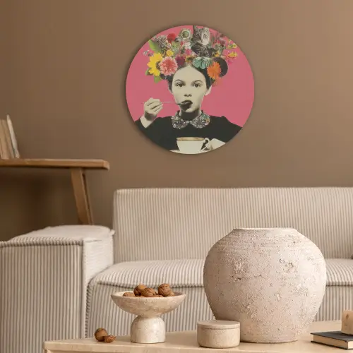 Meisje - Kopje - Bloemen - Roze Akoestische PET Vilt - Rond klein -sfeer1