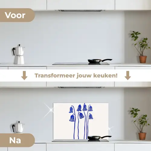 Bloemen - Blauw - Lijnen - Bloemblaadjes keuken achterwand spatscherm klein -voor_na_NL