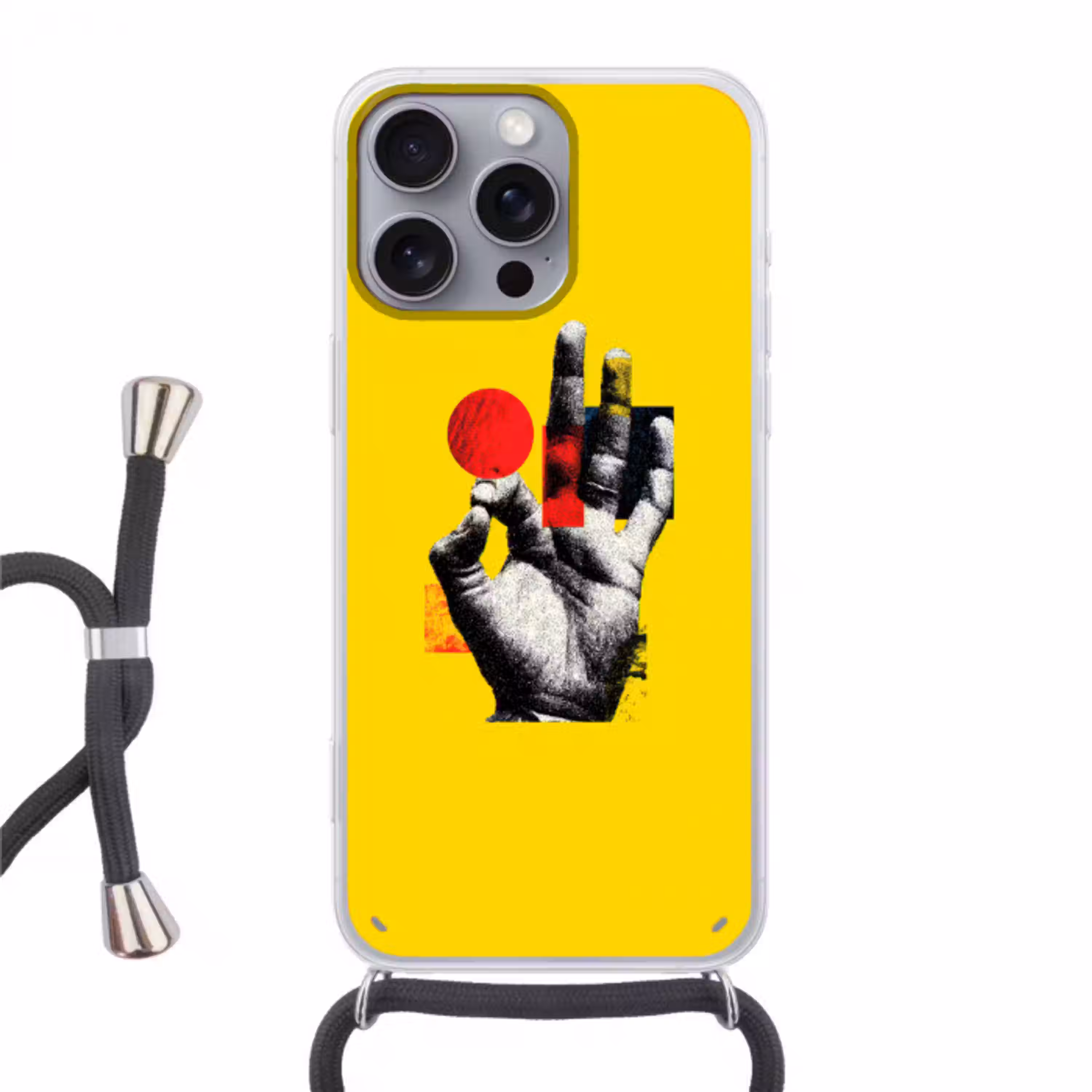 Hand - Rode cirkel - Geel Hoesje iPhone 16 Pro Max met koord klein -3d