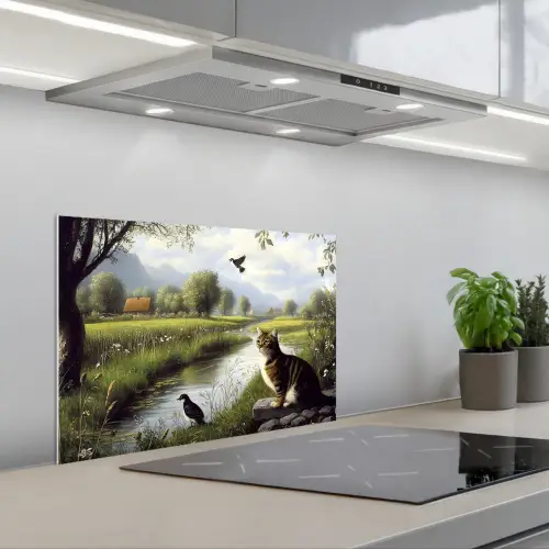 Kat - Beekje - Weide keuken achterwand spatscherm klein -3d_schuin