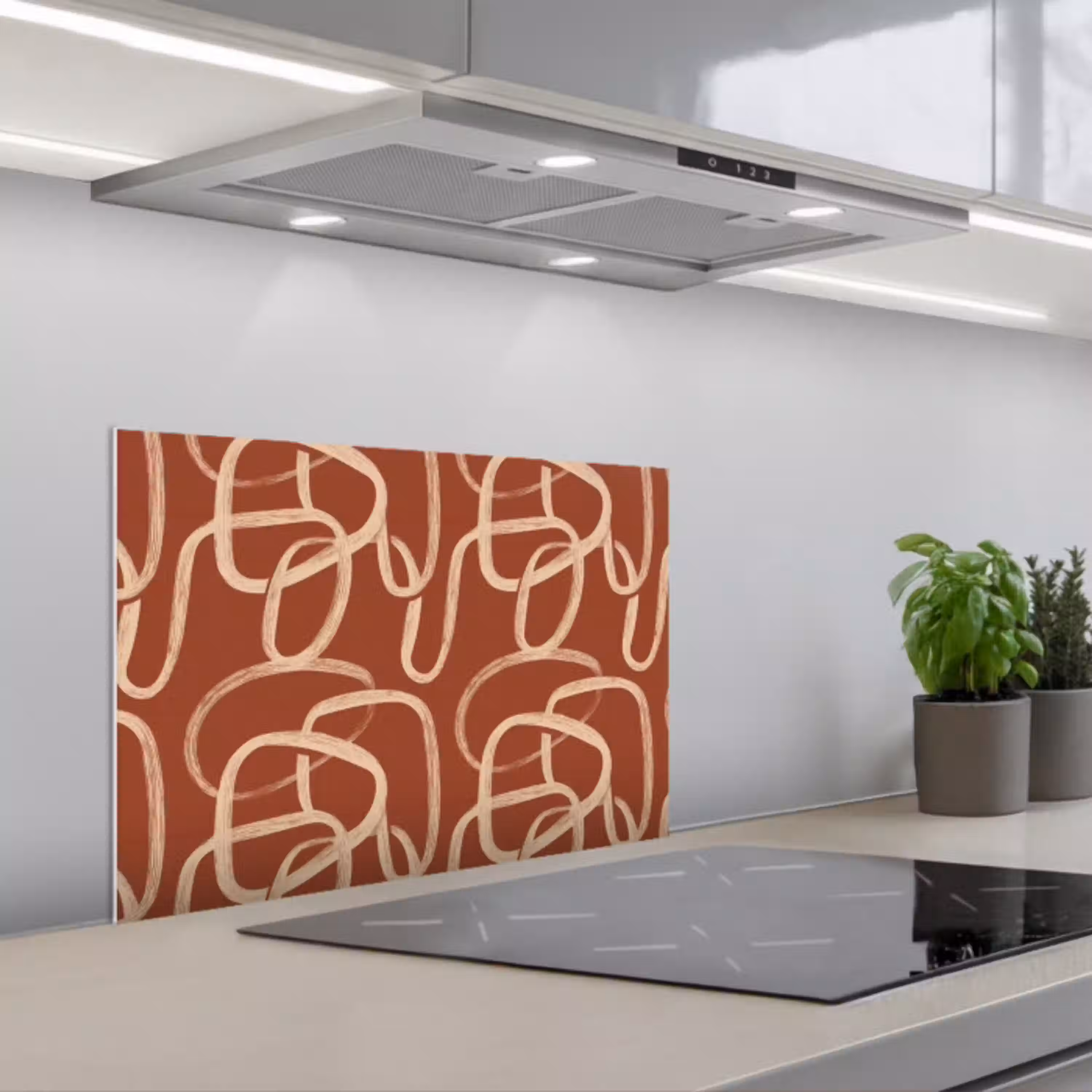 Lijnen - Abstract - Organisch - Terracotta - Crème keuken achterwand spatscherm klein 900 -3d_schuin