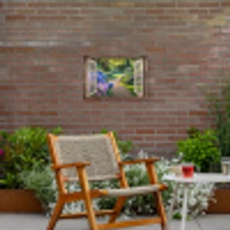Doorkijk - Tuin - Raam - Hortensia - Bloemen Tuinposter op houten frame 2 cm dik klein -sfeer3
