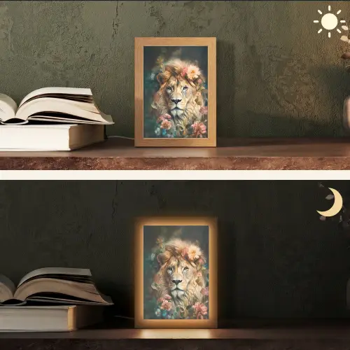 Leeuw - Leeuwenkop - Wilde dieren - Bloemen Light Box met kabel (Tafellamp) klein -sfeer3