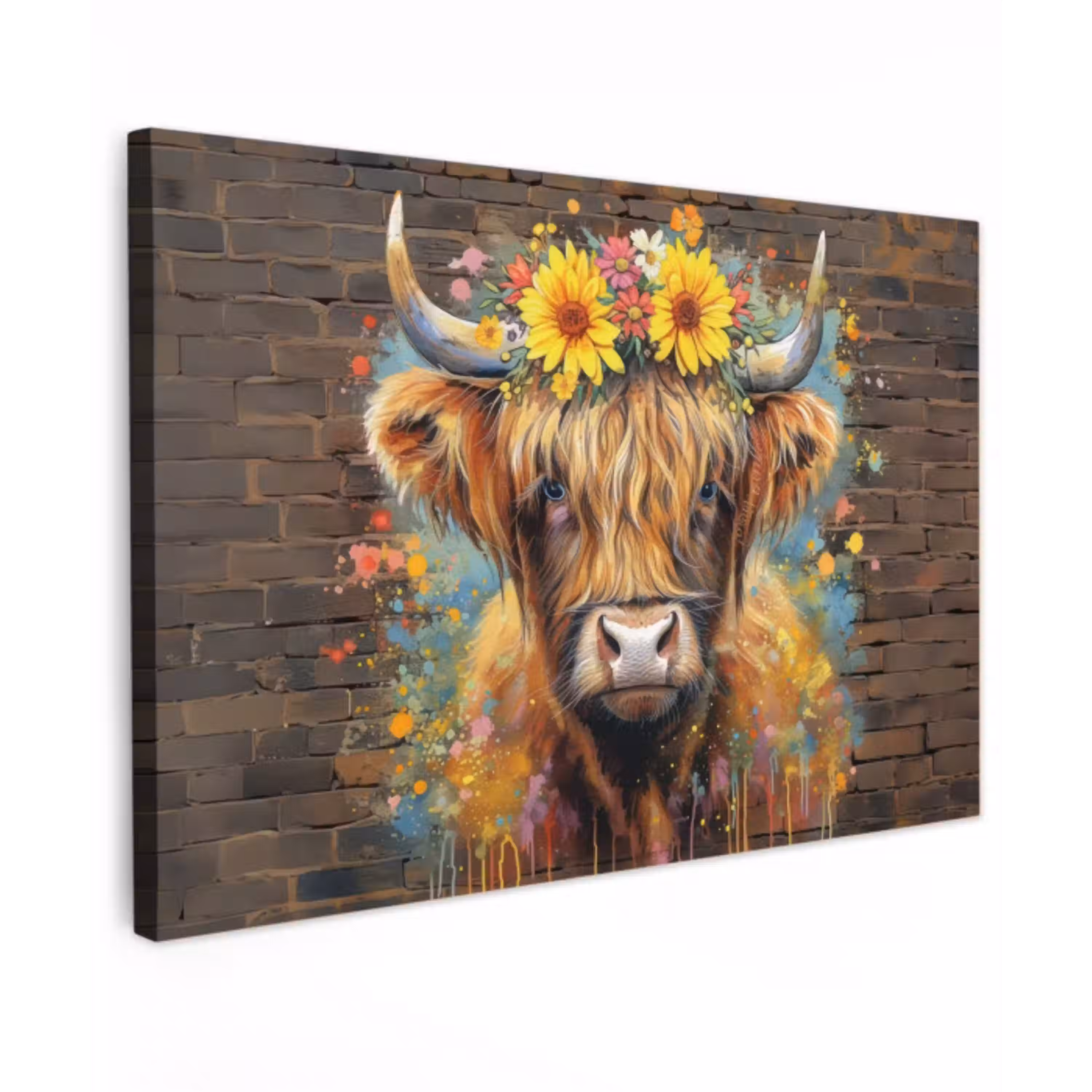 Hooglander met Bloemenkroon Tuinposter op houten frame 2 cm dik klein -3d