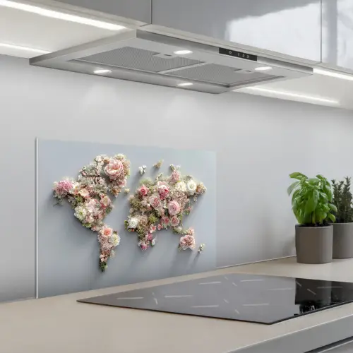 Wereldkaart - Rozen - Roze keuken achterwand spatscherm klein -3d_schuin