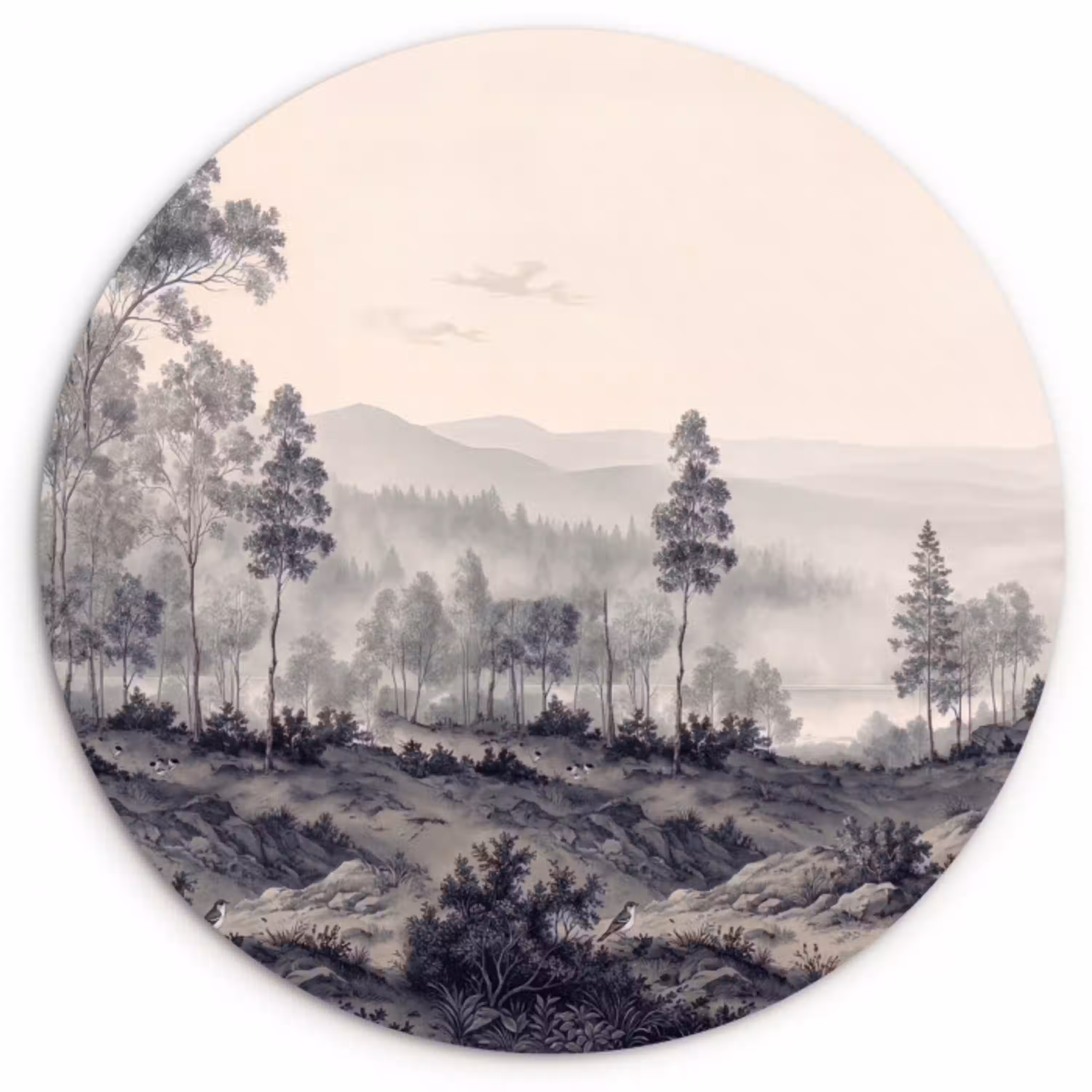 Mistig - Berglandschap - Illustratie Wandcirkel kunststof plaat 5mm dik klein -3d