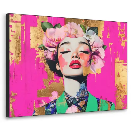 Bloemenkroon - Goud - Vrouw - Portret Textielframe zwart klein -3d