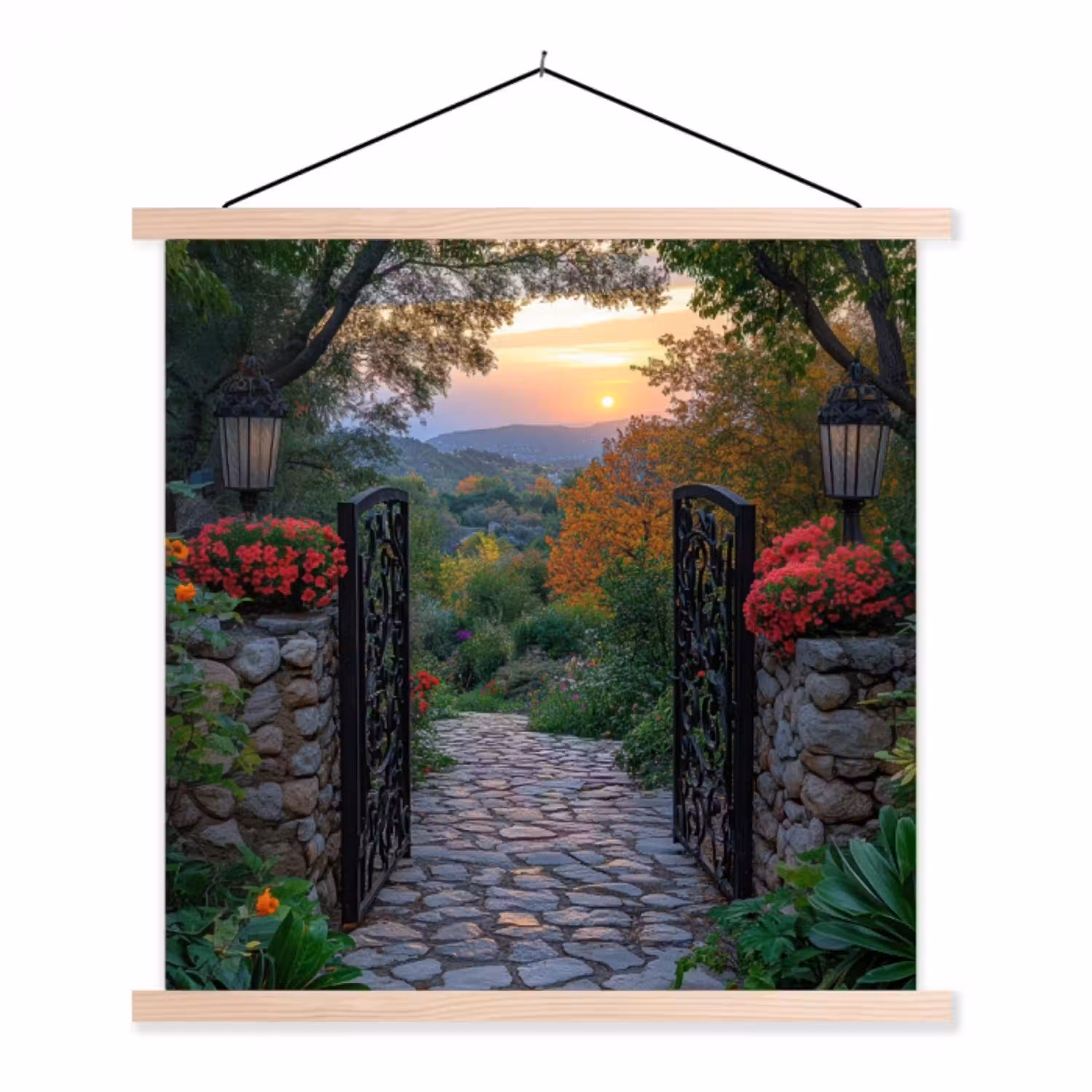 Landschap - Hek - Pad - Zonsondergang - Natuur textielposter latten blank klein -3d