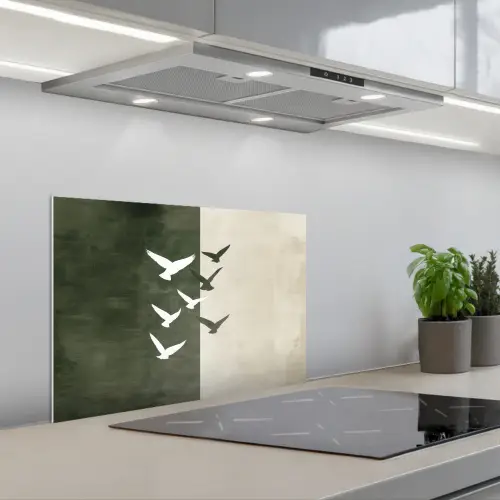 Japandi - Vogel - Groen keuken achterwand spatscherm klein -3d_schuin
