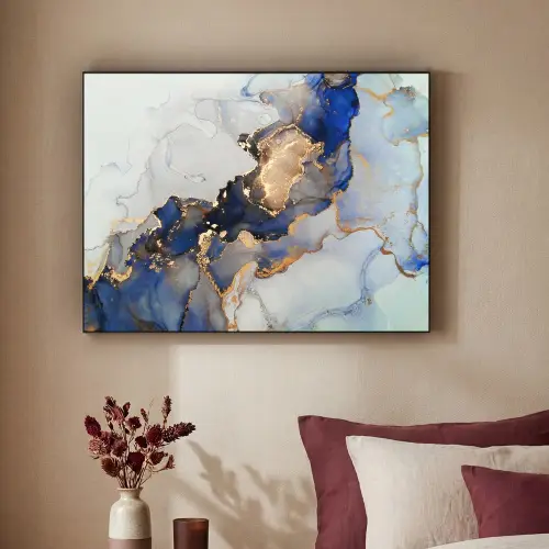 Marmer - Blauw - Goud Textielframe zwart klein -sfeer1