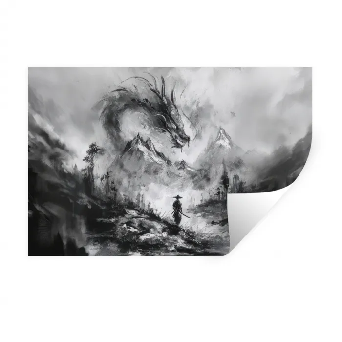 Krijger - Draak - Grijs Muursticker klein -3d