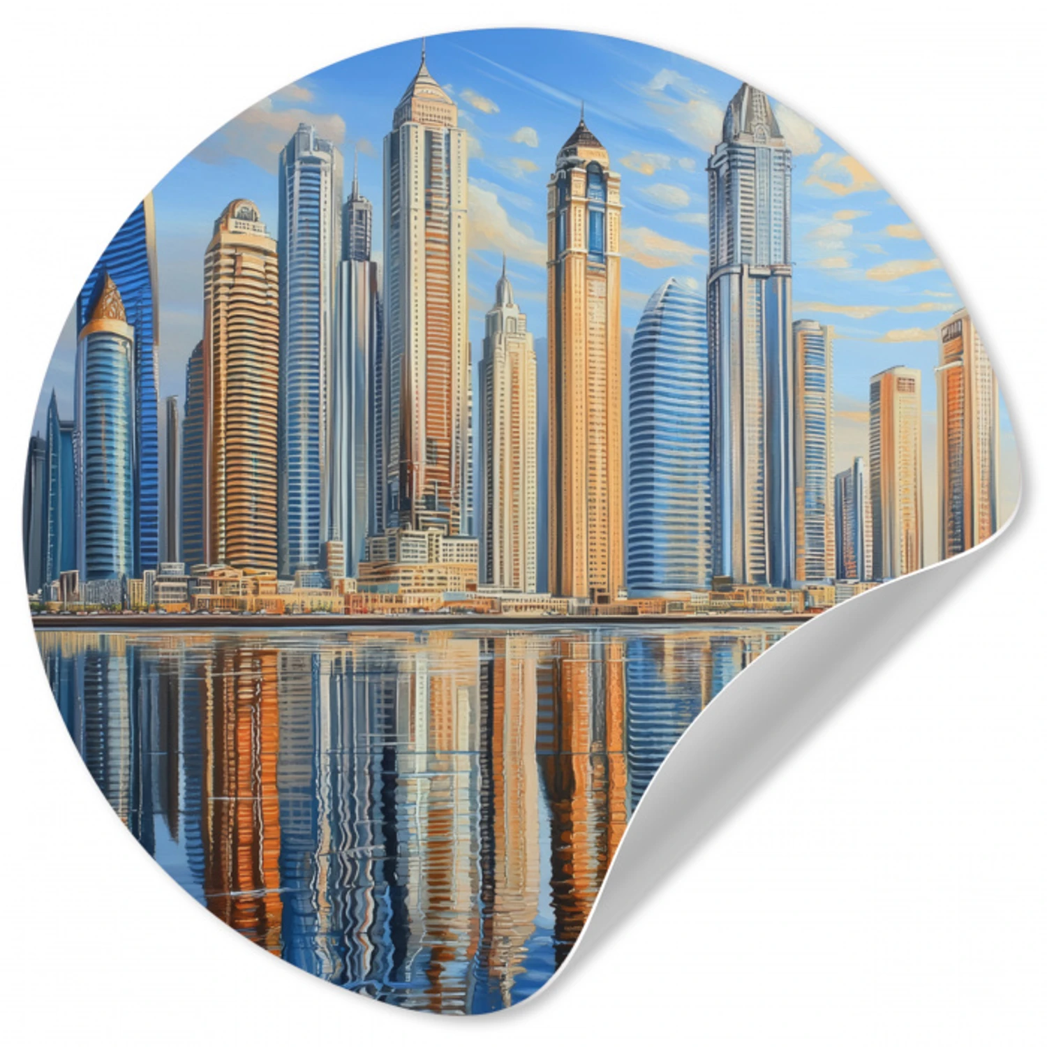 Skyline - Wolkenkrabbers - Water - Blauw Wandcirkel behangsticker klein -3d