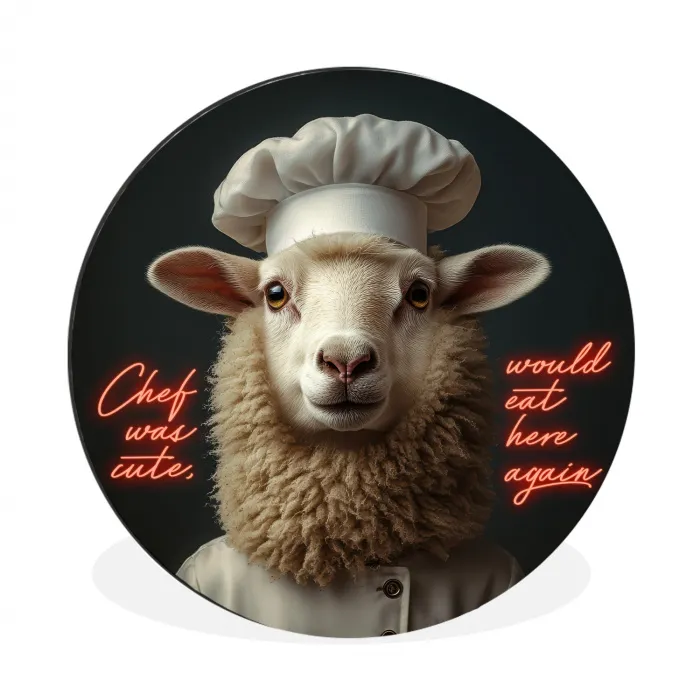 Schaap - Kokskleding - Neon - Quote Wandcirkel aluminium klein -3d