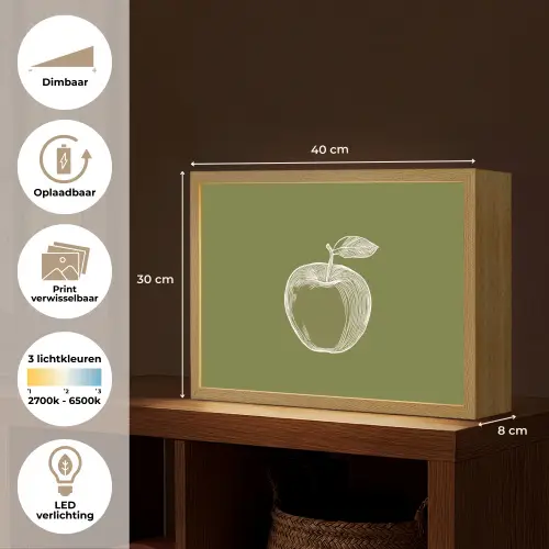 Lijntekening - Appel - Olijfgroen - Blaadje Light Box met batterij (Wandlamp) middel -USP_websiteoverzichtNL
