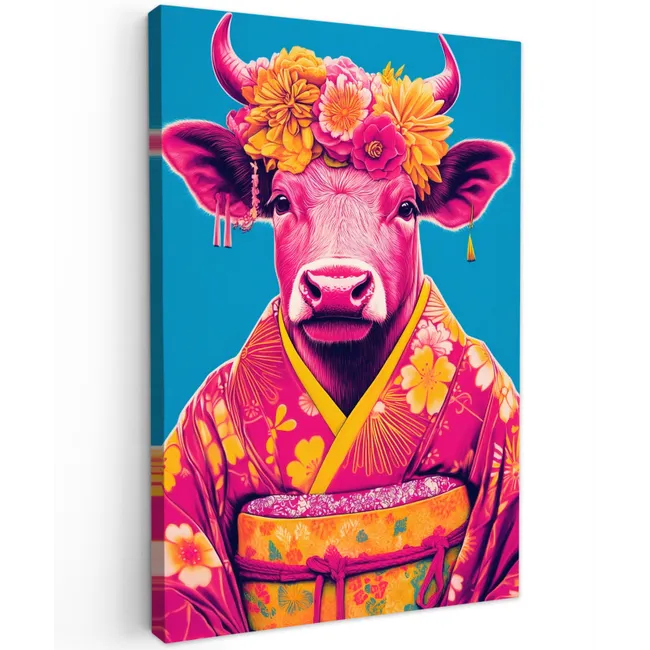 Koe - Bloemenkrans - Oorhangers - Kimono Tuinposter op houten frame 2 cm dik klein -3d