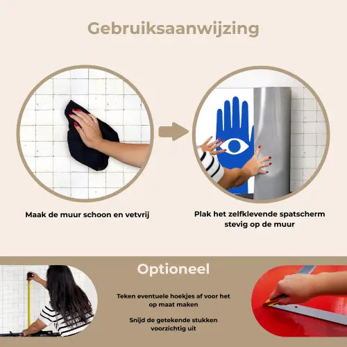 Handen - Twee - Ogen - Blauw keuken achterwand spatscherm klein -gebruiksaanwijzing_NL