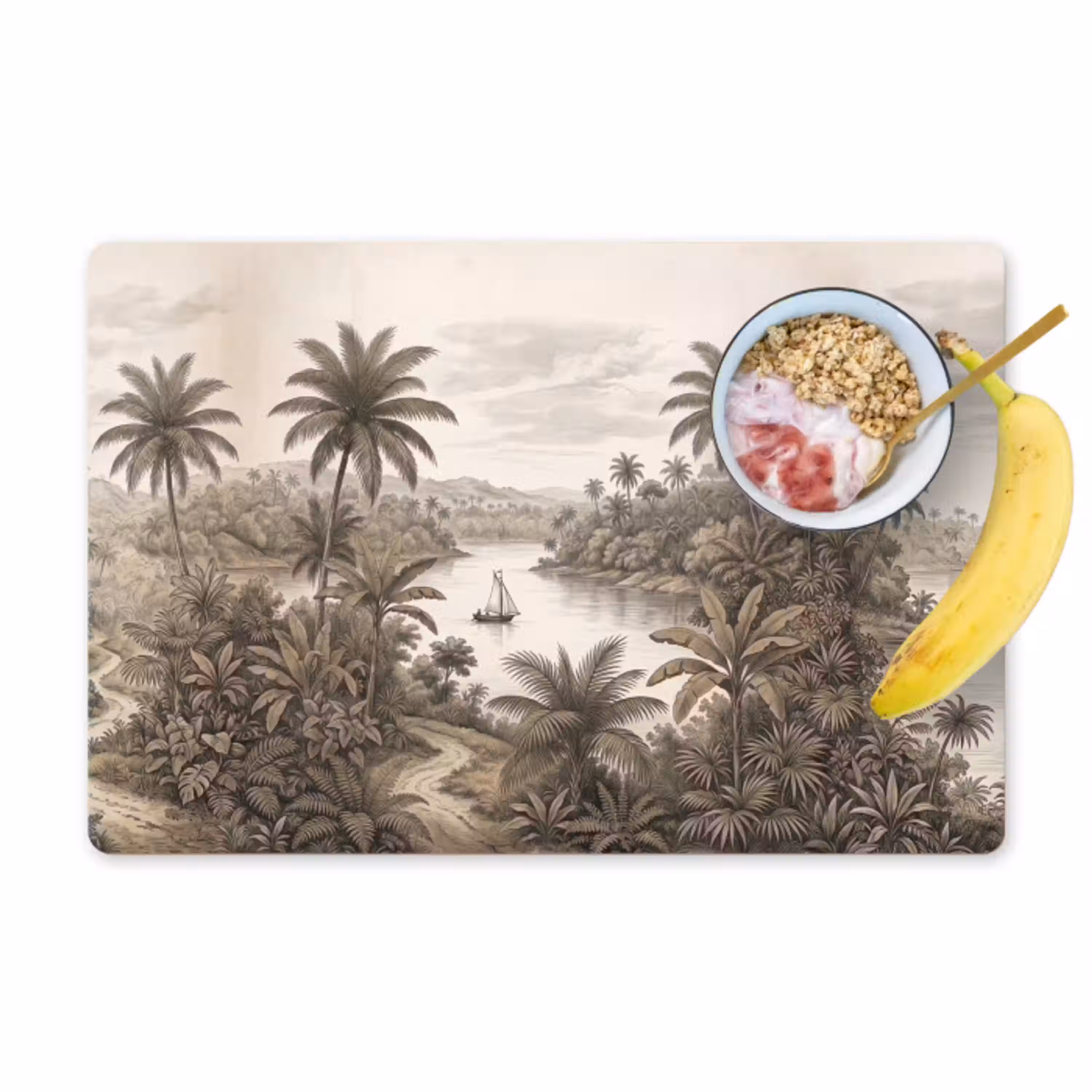 Landschap - Rivier - Boot - Tropisch - Vintage Placemat vinyl groot -zzzproduct_Kitchenyeah-website