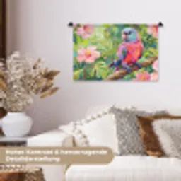 Papagaai - Hibiscusbloemen - Kleurrijk Wandkleed katoen klein -tsfeer1_DE