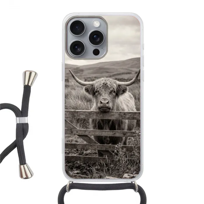 Schotse hooglander - Zwart - Wit - Hout Hoesje iPhone 16 Pro Max met koord klein -3d