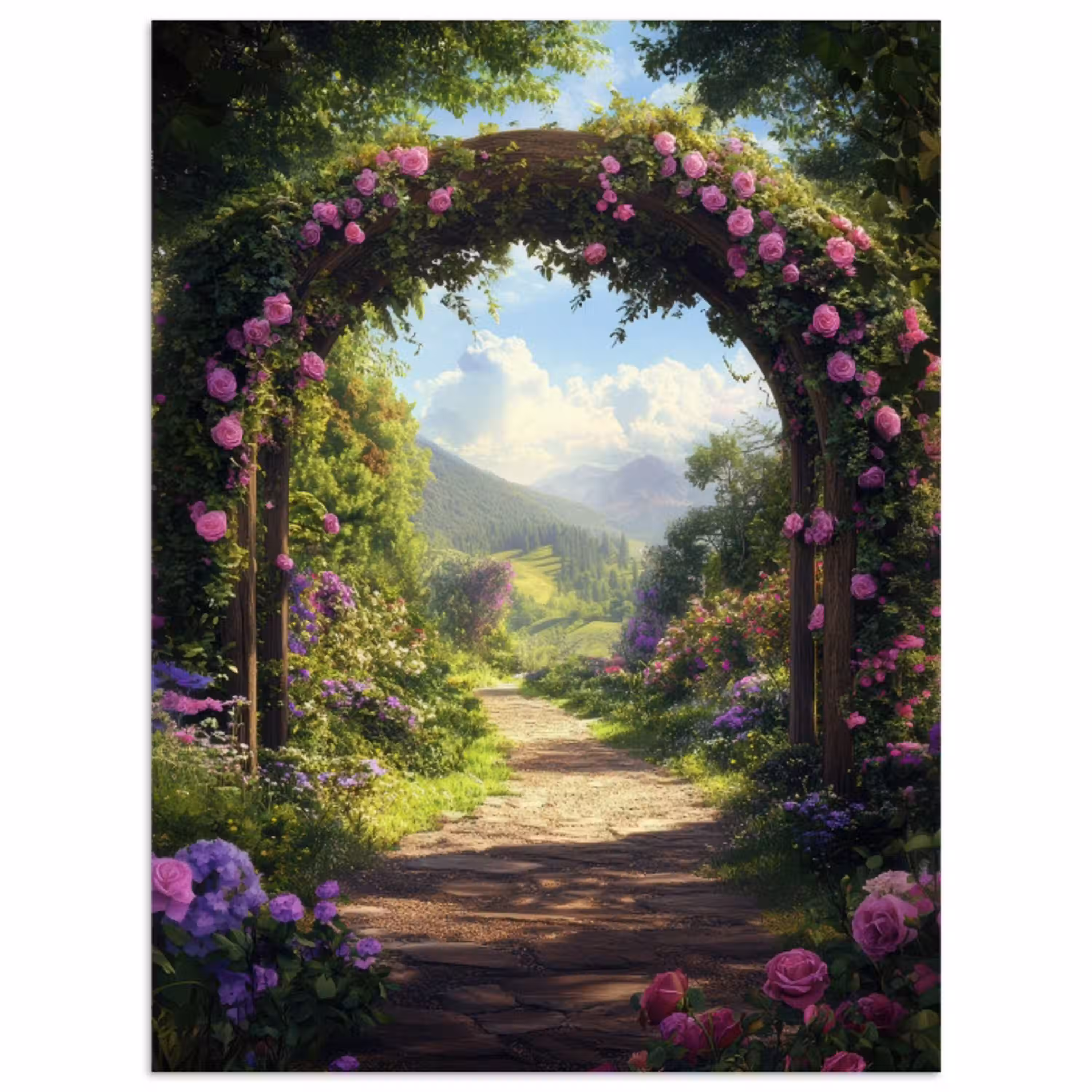 Doorkijk - Rozenboog - Uitzicht - Landschap - Bloemen poster papier klein -3d