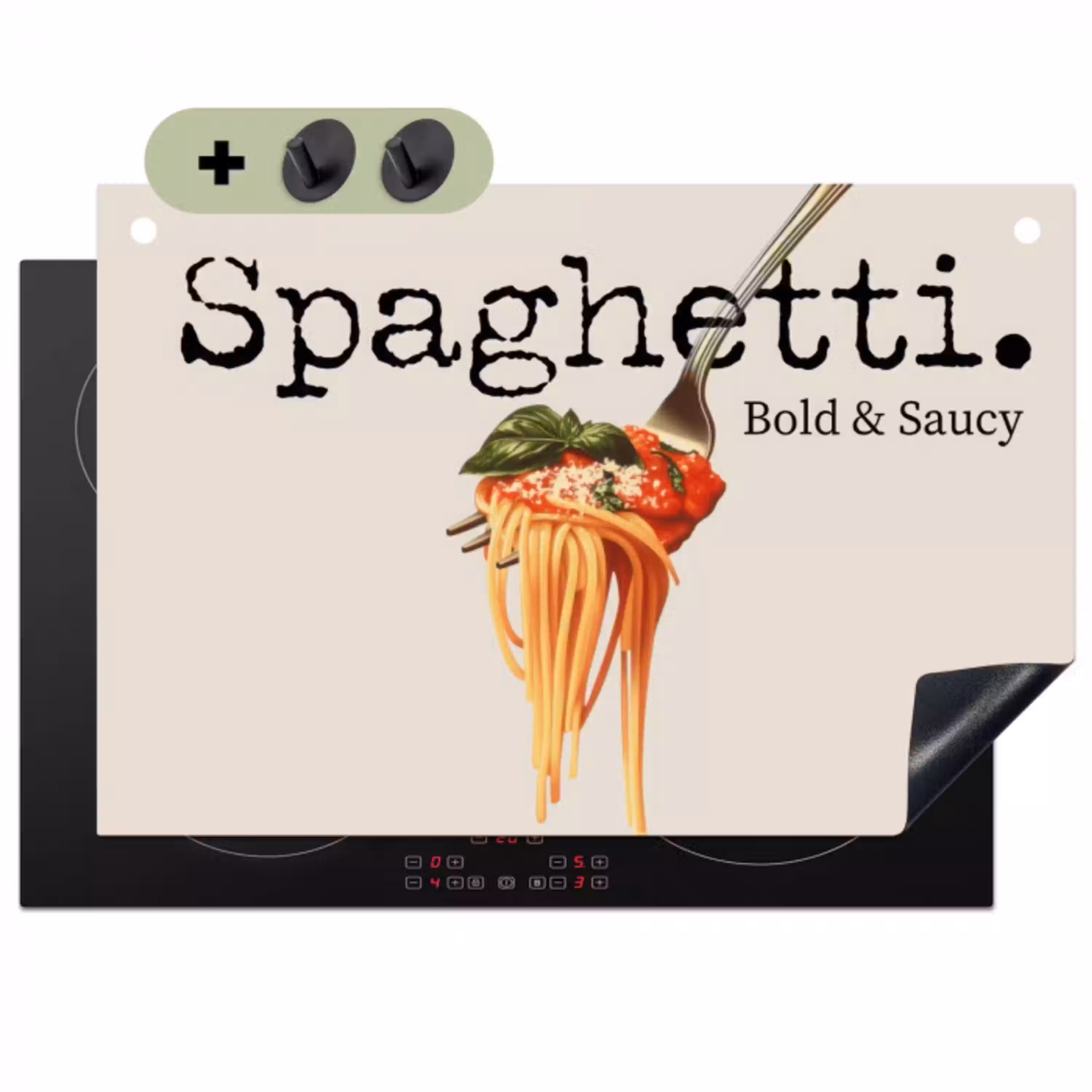 Spaghetti - tomatensaus - Parmezaanse kaas Inductie beschemer met haakjes klein -3d