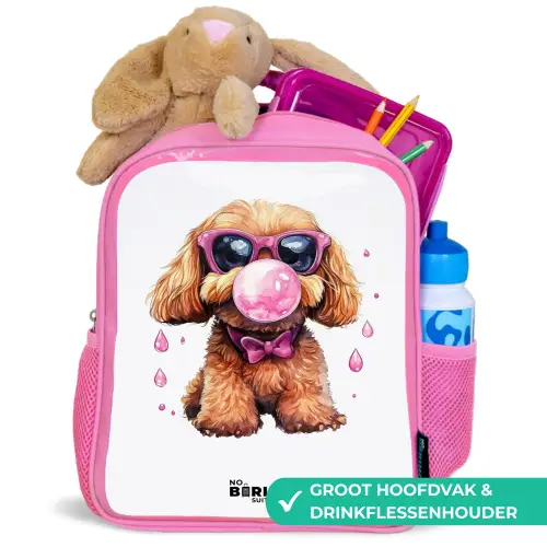 Bruine hond met roze bril en kauwgombal Kinderrugzak - Roze middel -inhoud_NL