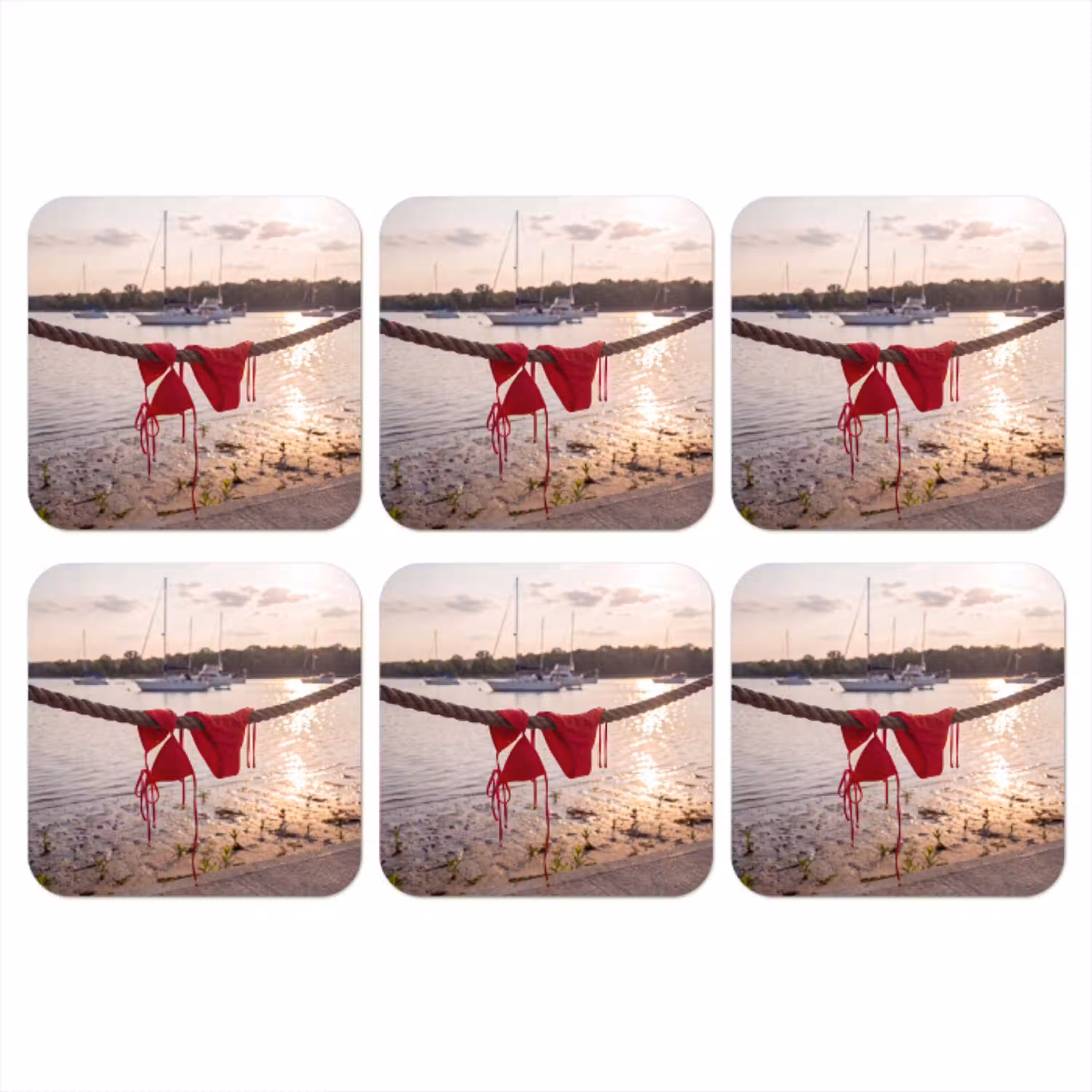 Badkleding - Rood - Zomer - Water - Zonsondergang onderzetter kurk middel -3d